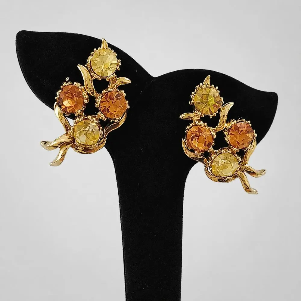 Vintage BSK‎ Rhinestone Clip-On Earrings Gold-Tone Clear Amber Brown 1